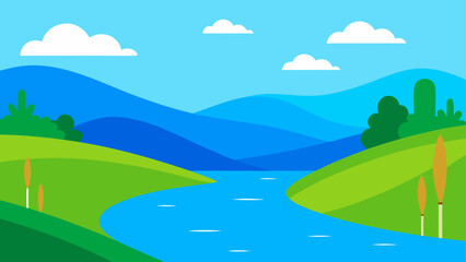 Obraz premium Landscape view of river and green hills