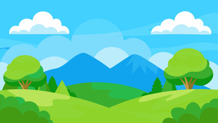 Cartoon landscape with mountains and trees