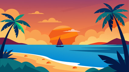 Fototapeta premium Sunset beach scene with palms and sailboat