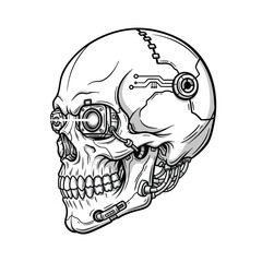 A detailed black and white illustration of a cybernetic human skull with a camera eye.