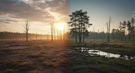 Split Image of Forest: Dry Dead Trees vs. Lush Green Landscape
