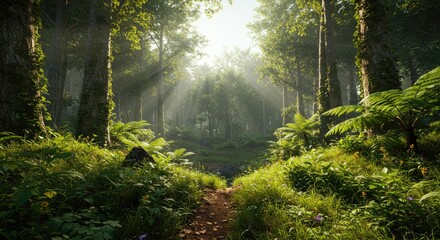 Obraz premium Sunlit Forest Path with Lush Greenery and Sunbeams
