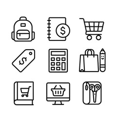 Back to school shopping icons set. Outline symbols. Line design