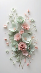 pastel green and pink flower wall decoration bright clean white wall floral frame botanical design suitable for copyspace and text template and wallpaper background