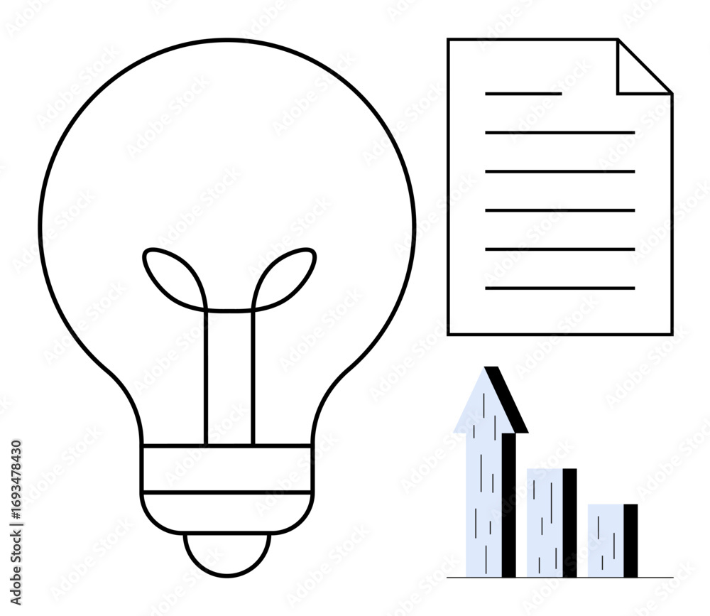 Poster lightbulb signifying ideas, document symbolizing knowledge, rising bar graph indicating growth. idea