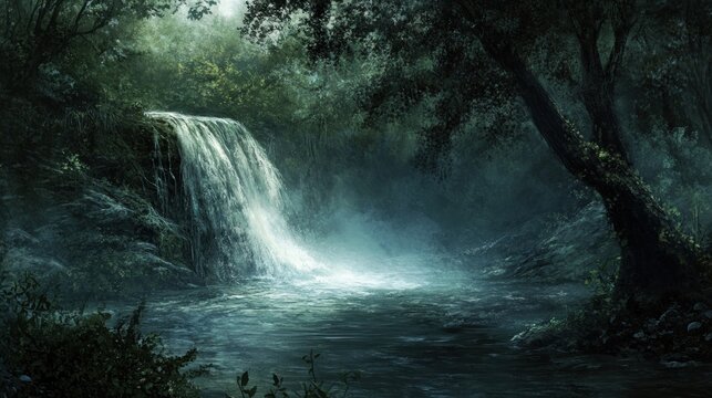 Mystical waterfall flows into a misty pool in a lush fantasy forest landscape - Powered by Adobe