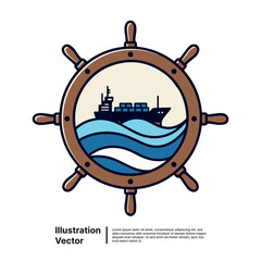 Nautical Navigation Artistic Vector Illustration of a Ship Wheel and Cargo Vessel at Sea