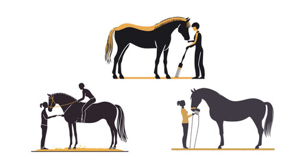 Vector Person Grooming Horse Silhouette – Black Equine Care Illustration for Farm, Ranch, Animal Husbandry, Equestrian, and Horse Training Design
