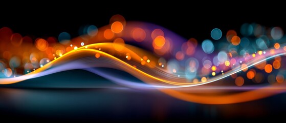 Vibrant waveforms blending art, tech, and science. Ai interface. Enhanced waves of light with silver and purple highlights. Network architecture. Data connectivity.