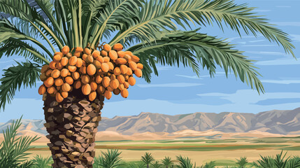 Detailed Colorful Vector Palm Trees in Desert – Vibrant Tropical Landscape Illustration with Exotic Oasis, Sand Dunes, and Nature Elements for Creative Design Projects