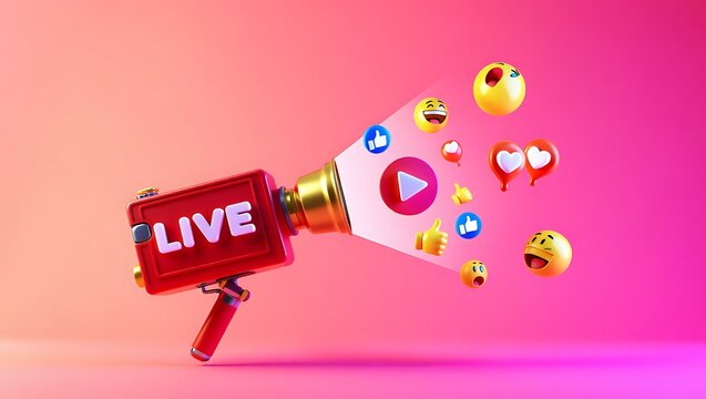Retro Live Stream Camera with Social Media Emoticons and Engagement Icons