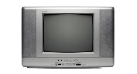 Early 2000s Silver CRT Television on White Background, Retro TV Flat Screen Style. vintage television, retro tv monitor frame, analog screen, old school design. Clipping path.