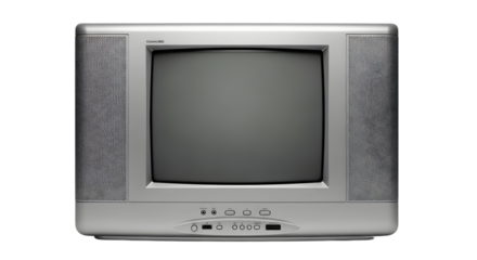 Early 2000s Silver CRT Television on White Background, Retro TV Flat Screen Style. vintage television, retro tv monitor frame, analog screen, old school design. Clipping path.