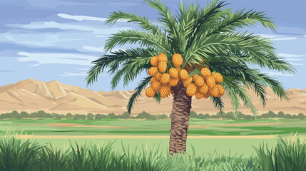 Detailed Colorful Vector Palm Trees in Desert – Vibrant Tropical Landscape Illustration with Exotic Oasis, Sand Dunes, and Nature Elements for Creative Design Projects