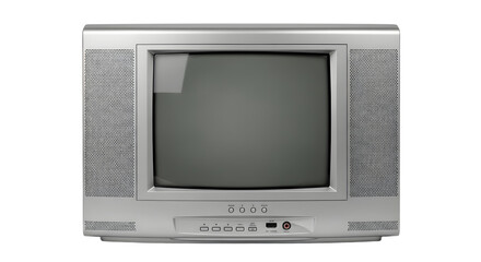 Early 2000s Silver CRT Television on White Background, Retro TV Flat Screen Style. vintage television, retro tv monitor frame, analog screen, old school design. Clipping path.