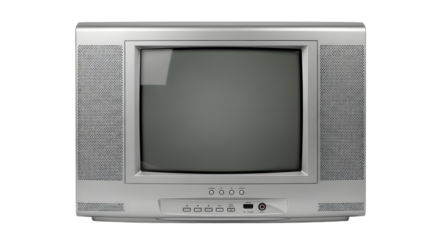 Early 2000s Silver CRT Television on White Background, Retro TV Flat Screen Style. vintage television, retro tv monitor frame, analog screen, old school design. Clipping path.