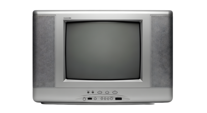 Early 2000s Silver CRT Television on White Background, Retro TV Flat Screen Style. vintage television, retro tv monitor frame, analog screen, old school design. Clipping path.