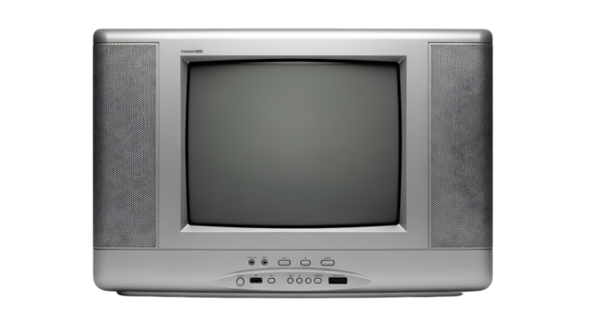 Early 2000s Silver CRT Television on White Background, Retro TV Flat Screen Style. vintage television, retro tv monitor frame, analog screen, old school design. Clipping path.