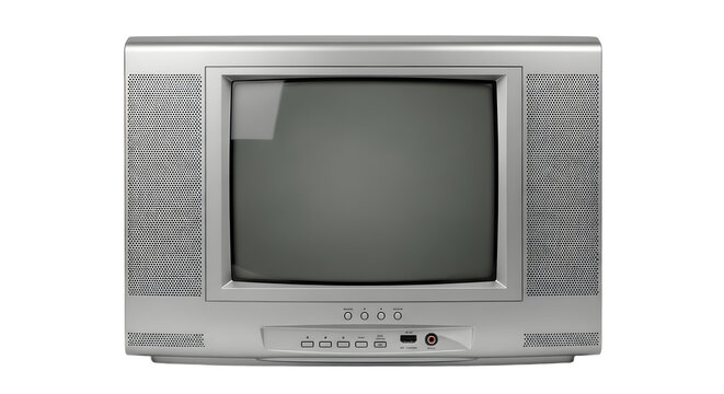 Early 2000s Silver CRT Television on White Background, Retro TV Flat Screen Style. vintage television, retro tv monitor frame, analog screen, old school design. Clipping path. - Powered by Adobe