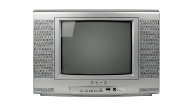 Early 2000s Silver CRT Television on White Background, Retro TV Flat Screen Style. vintage television, retro tv monitor frame, analog screen, old school design. Clipping path.