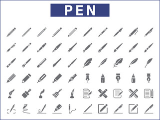 Simple Set of pen Related Vector Line Icons. Vector collection of pencil and quill pen, marker pen, stationery, writing, literature, pen nib symbols or logo elements in thin outline.
