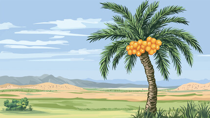 Detailed Colorful Vector Palm Trees in Desert – Vibrant Tropical Landscape Illustration with Exotic Oasis, Sand Dunes, and Nature Elements for Creative Design Projects