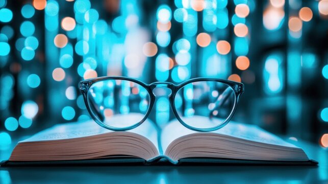 Spectacles perched atop an open book against a backdrop of glowing lights suggesting knowledge and