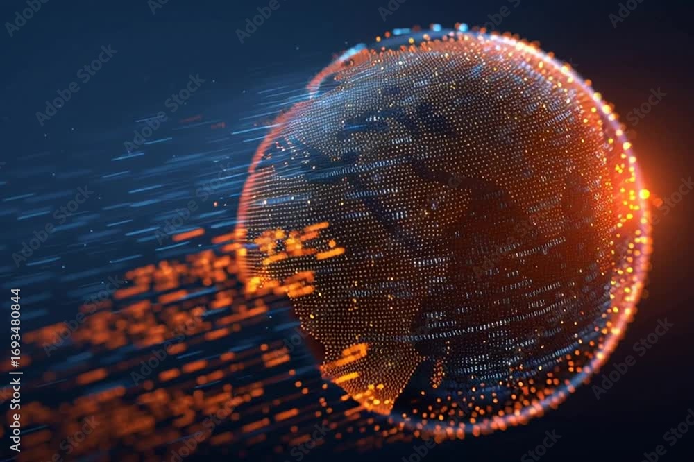 Poster digital globe with binary code and data flowing, representing global connectivity and digital transf