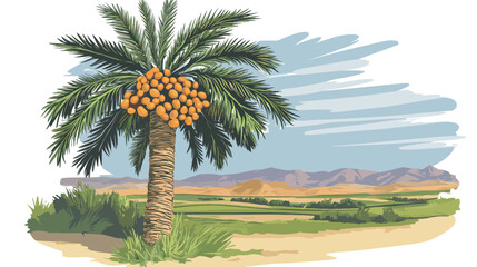 Detailed Colorful Vector Palm Trees in Desert – Vibrant Tropical Landscape Illustration with Exotic Oasis, Sand Dunes, and Nature Elements for Creative Design Projects