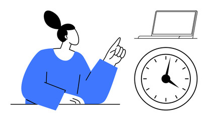 Person in blue shirt pointing upward with a clock and laptop nearby. Ideal for productivity, time management, planning, work-life balance, focus, digital workflow, task prioritization. Simple flat