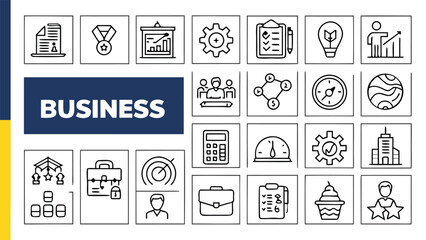 Business and Finance Icons Grid with Central Business Title and Color Bar marketing