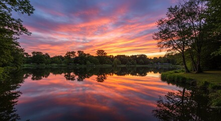 Obraz premium Vibrant Sunset Reflecting on Calm Lake Waters