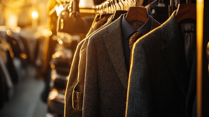 Elegant men's clothing rack bathed in golden sunlight offering style suggestions