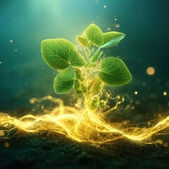 A young green plant with exposed roots floats surrounded by golden energy swirls, symbolizing life, nature, and magical growth.

