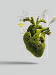 A surreal green heart sculpture covered in moss and small plants, symbolizing the connection between nature, life, and sustainability.
