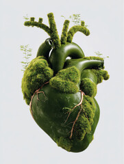 A surreal green heart sculpture covered in moss and small plants, symbolizing the connection between nature, life, and sustainability.
