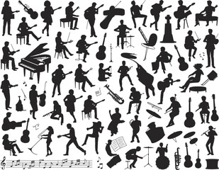 Musician, instrument, band, orchestra, jazz, concert, silhouette, performance, music, dancing, singing, conductor, piano, guitar, violin, drum, saxophone, trumpet, cello, entertainment