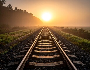 Fototapeta premium Railway tracks stretching to horizon in foggy sunrise, scenic view of travel and adventure.