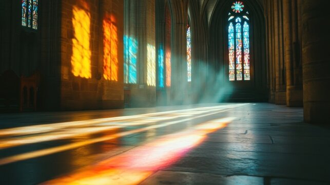 Sunlight piercing through stained glass windows creates an ethereal atmosphere in a church