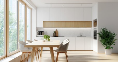 Modern kitchen interior design with wooden accents and island counter, illuminated by natural light, stylish contemporary home architecture