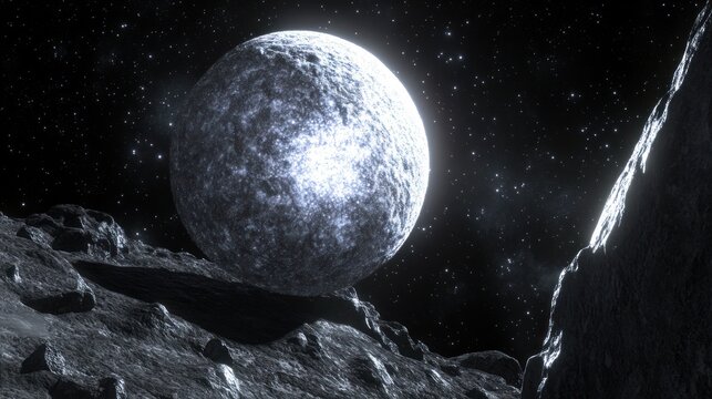 Ethereal celestial orb hovering over a stark lunar landscape against a starry expanse