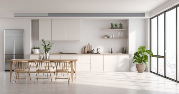 Modern kitchen interior design with wooden accents and island counter, illuminated by natural light, stylish contemporary home architecture - Powered by Adobe