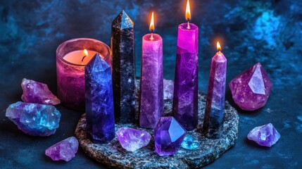 Mystical Amethyst Crystals, Burning Candles, and Evocative Ambiance on a Dark Surface