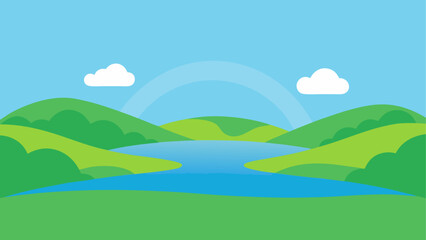 Obraz premium Landscape with lake hills and two clouds