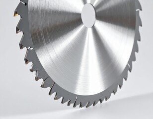 Close-up of a sharp, circular saw blade, showcasing its teeth and metallic sheen.
