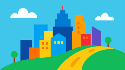 Obraz premium Cartoon city skyline with road and clouds