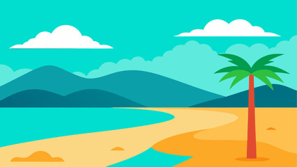 Obraz premium Cartoon beach landscape with palm and sea