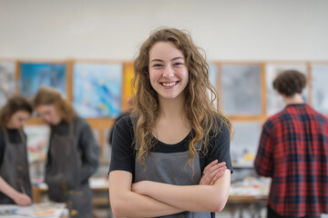 a portrait of an high school student, smiling and standing with her arms crossed in front of art class tables filled with students working on various projects