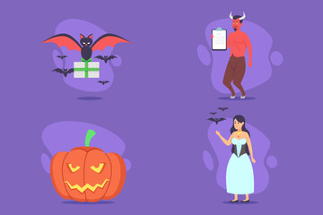 Colorful Halloween-themed collection with festive elements like devilish character, spooky bats, carved pumpkins, and witch. Each character adding joy to Halloween party atmosphere