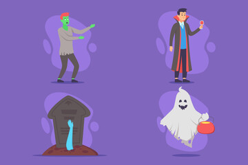 Vibrant Halloween collection of zombie, vampire, ghost, and spooky grave. Each character bringing festive spirit to celebration with playful elements and colorful designs